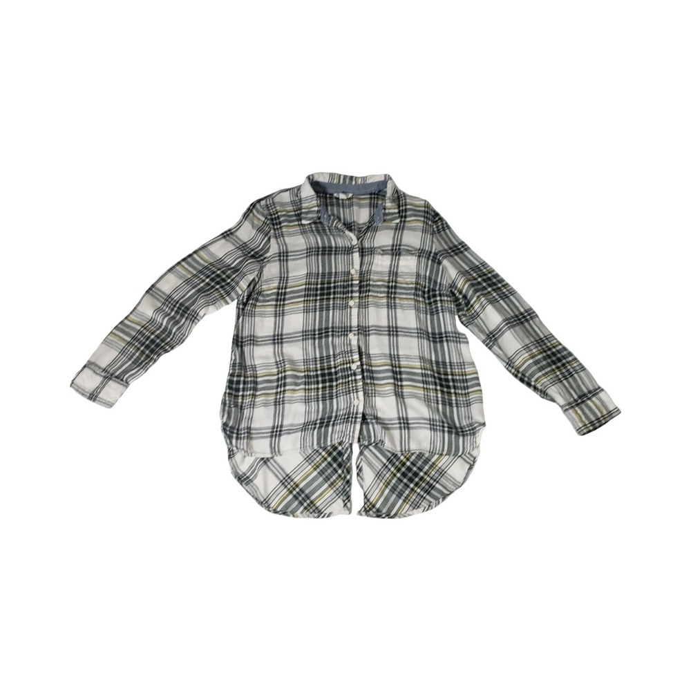 Cato Womens Large Plaid Button Down Shirt Split Back High Low Rayon White Yellow